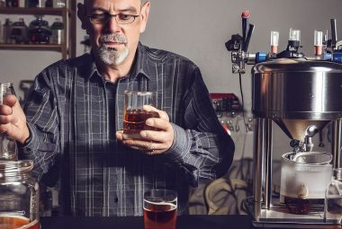 home brewer comparing whiskey and beer