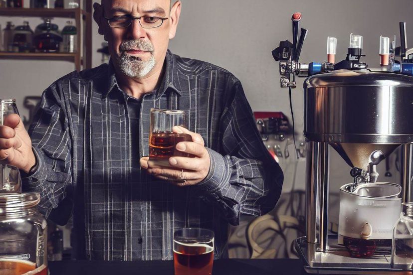 home brewer comparing whiskey and beer