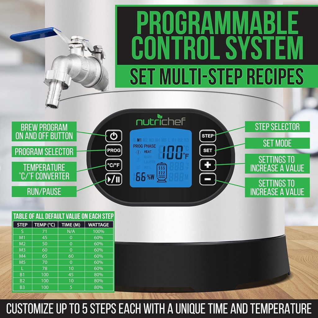 NutriChef PKBRKTL150 All-In-One Home Beer Brewing Mash and Boil Device 5-Piece Maker Machine Set 9 Gallon 1600w Max w/LCD Display Programmable Multi-Step Control System, Stainless Steel